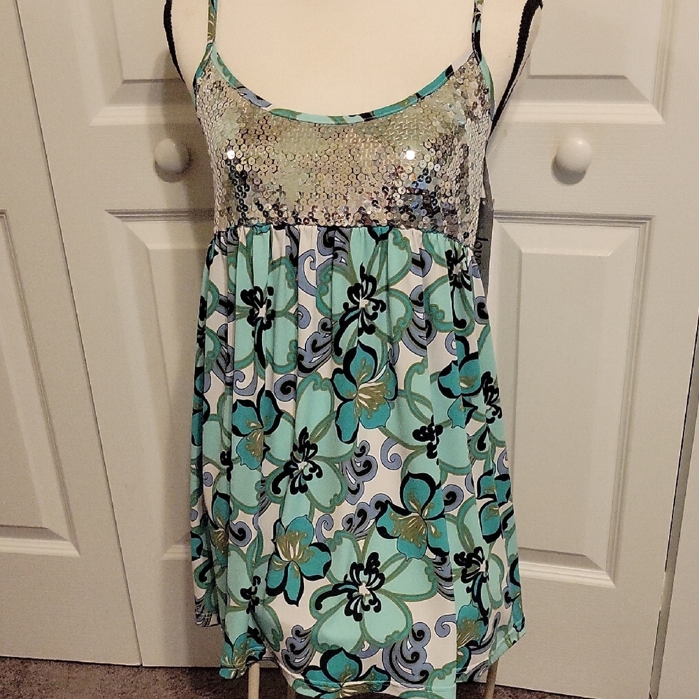 Love Rocks Green and Blue Sequin Embellished Camisole